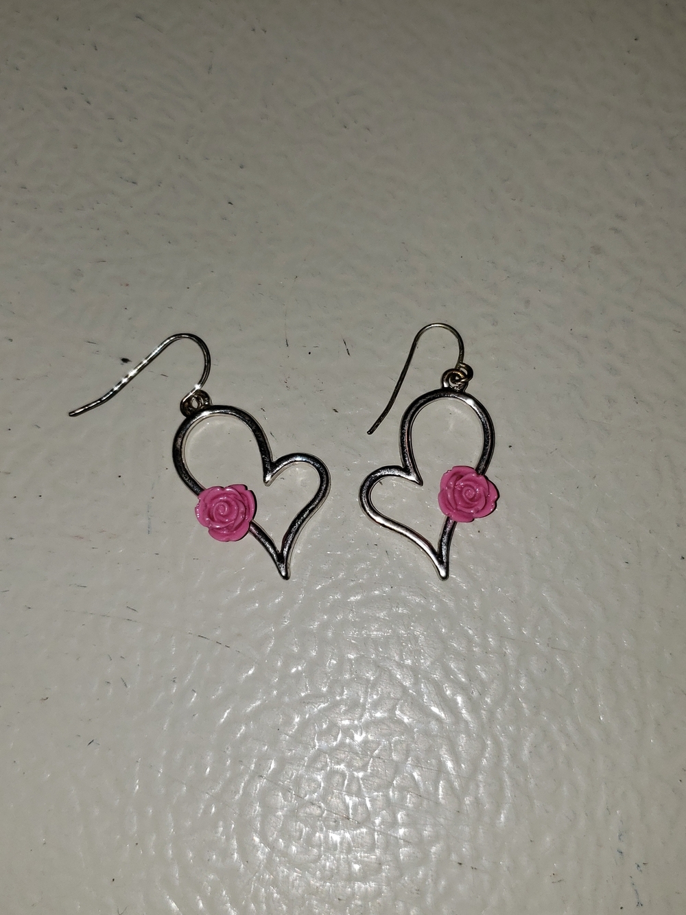 Claire's Silver Heart Drop Earrings with Pink Rose Accent